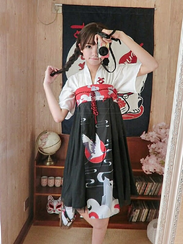 ワンピース 巫女風 鶴柄ワンピース ホワイト 韓国ファッション 羽織 膝丈 上下セット 和風ドレス ゴスロリ ドレス ロリータ Lolita メイド服 コスプレ 通販 Roomclipショッピング