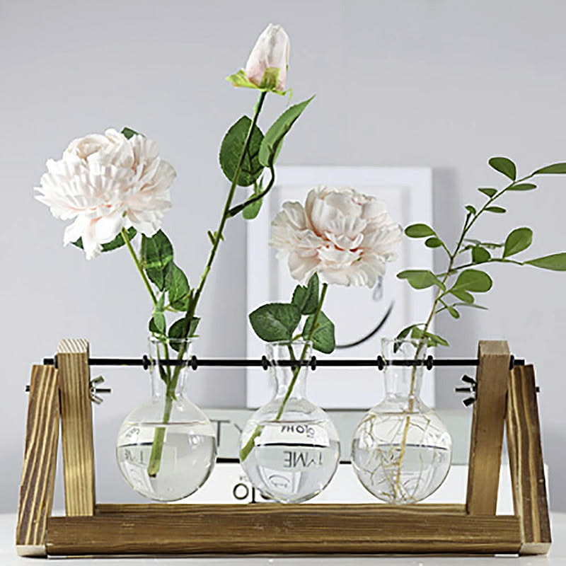 花瓶 フラスコ型 透明 ガラス 木製 クリア 水耕栽培 花器 卓上花瓶 木製枠 透明 フラスコ 革新的 インテリア 飾り 工芸品 輪っか 丸型
