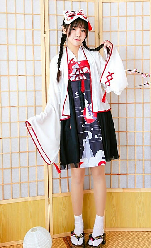 ワンピース 巫女風 鶴柄ワンピース ホワイト 韓国ファッション 羽織 膝丈 上下セット 和風ドレス ゴスロリ ドレス ロリータ Lolita メイド服 コスプレ 通販 Roomclipショッピング